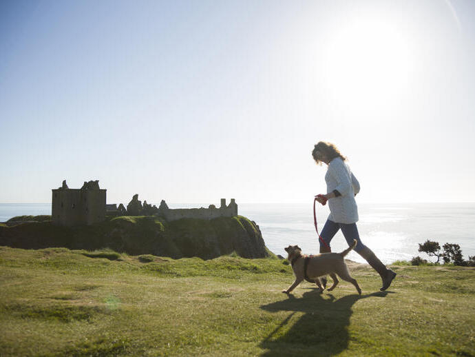 Woman walking near a castle with a dog on a clifftop by the sea