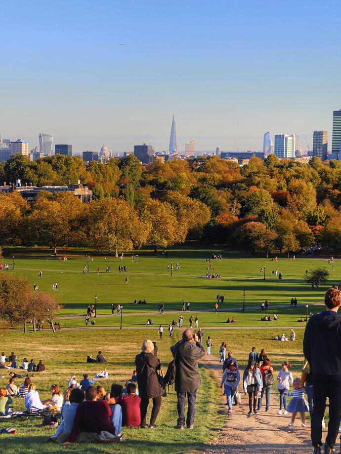 Sonniger Herbstblick über einen Park mit der Skyline der Stadt im Hintergrund
