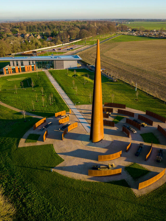 An aerial view of The Spire and the Wall of Names at the International Bomber Command Centre, a steel monument which commemorates those who lost their lives serving at Bomber Command. International Bomber Command Centre