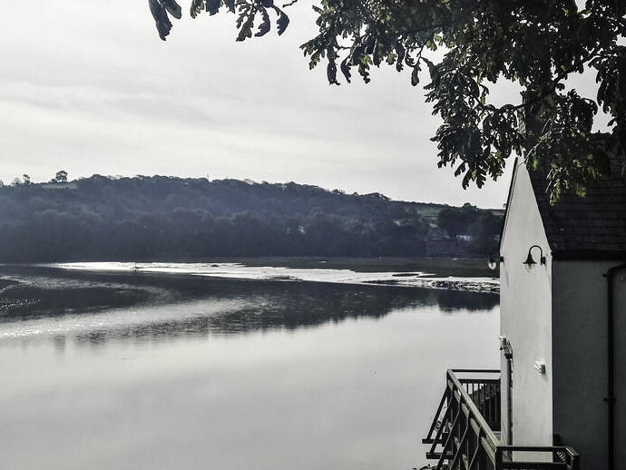 Scena fluviale calma con riflessi, rami di albero pendenti, collina verde e edificio bianco con terrazza in legno.