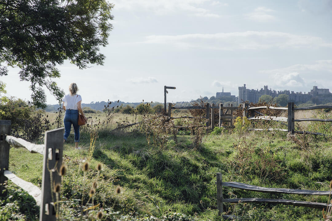 Blonde woman walking towards turnstile of wooden fence