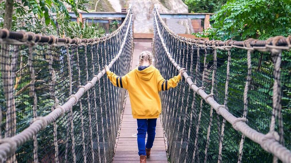 Girl walking across a bridge at the Eden Project