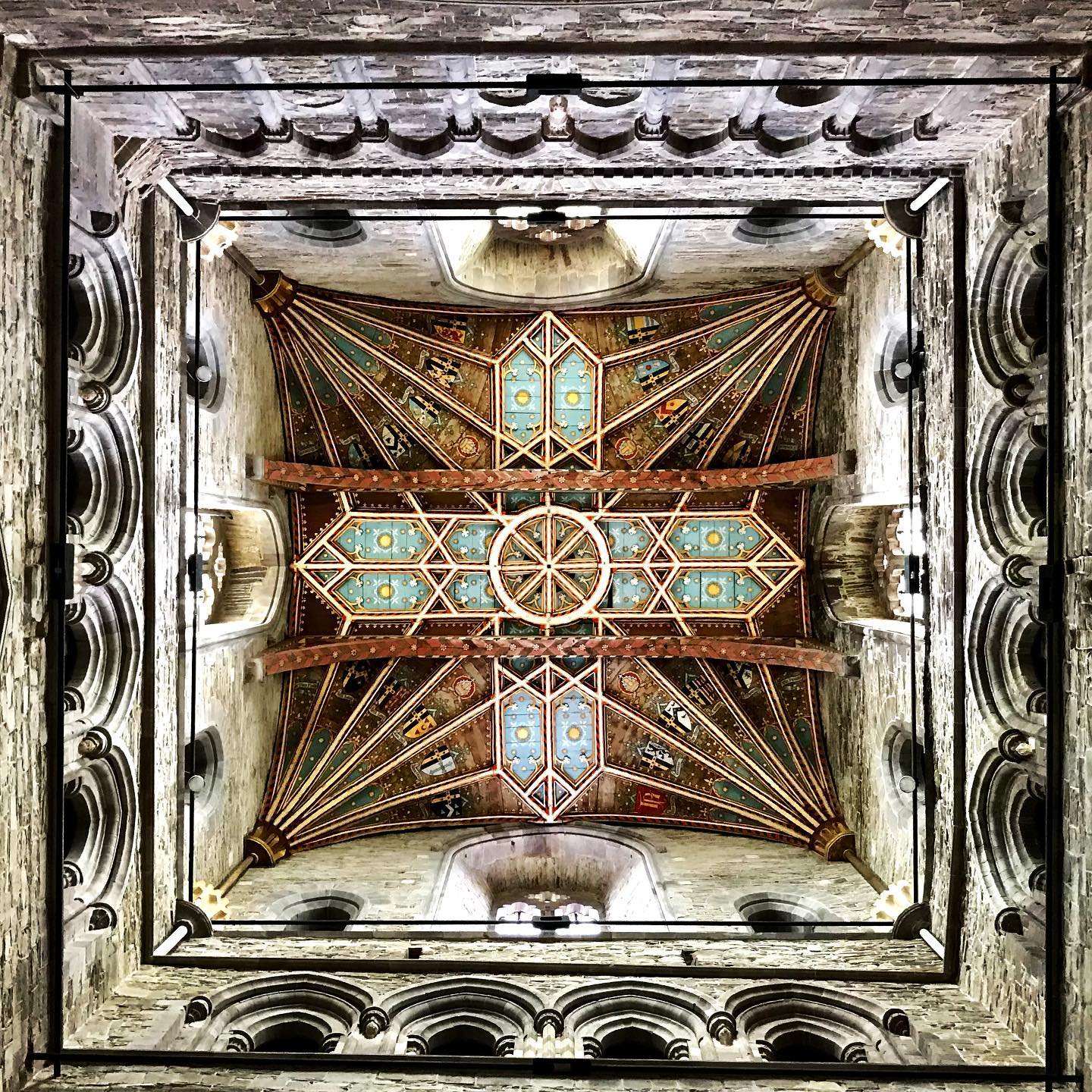 Aerial view looking up inside St Davids cathedral, Wales