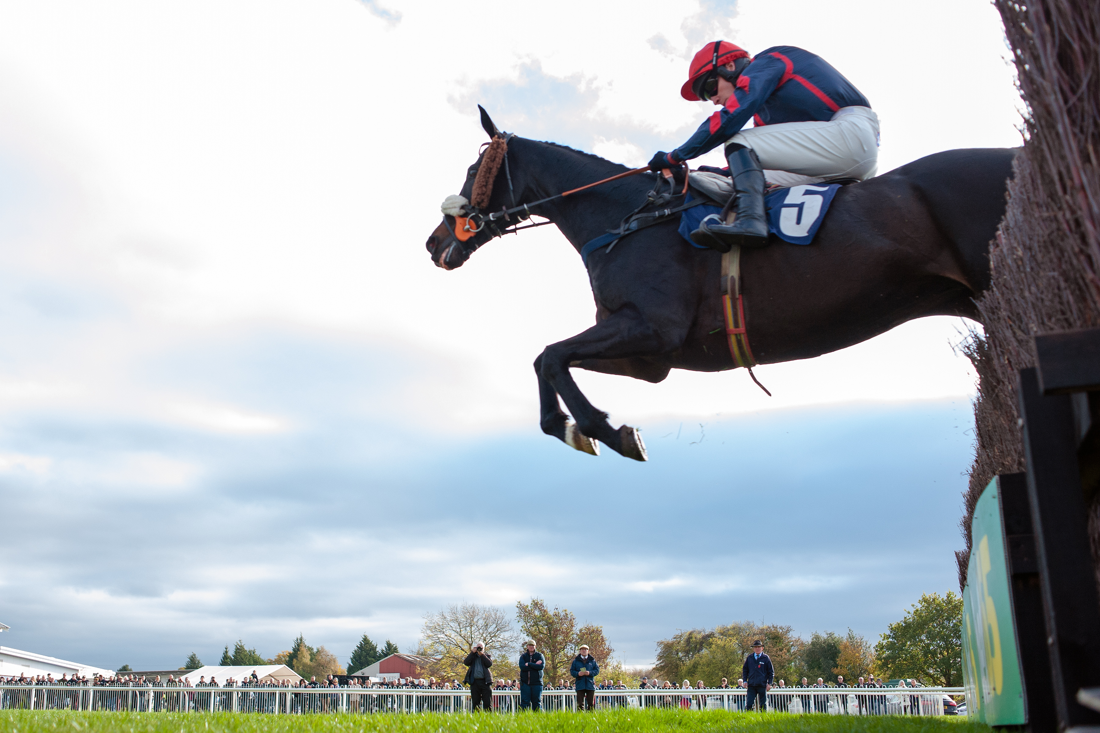 A horse and rider leaping over a fence at Wetherby Racecourse