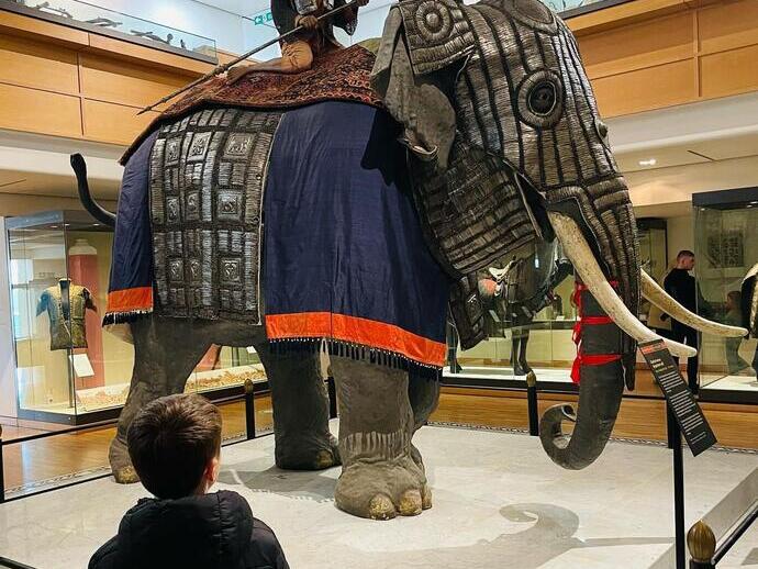 A set of elephant armor on display at the Royal Armouries Museum in Leeds