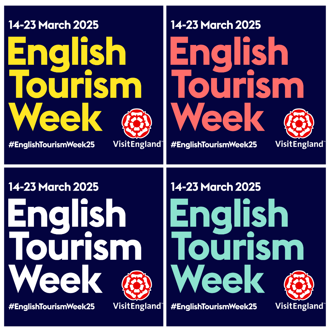 Collage d'images avec les logos de la Semaine du tourisme anglais 2025 en différentes couleurs