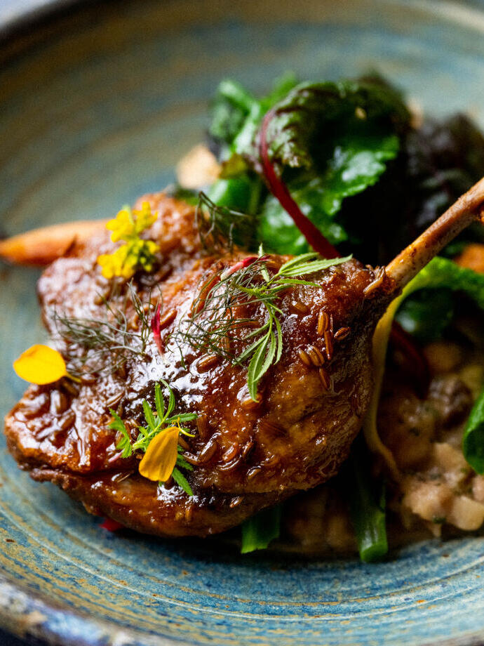 A meat dish at a quaint modern gastro pub in the countryside.
