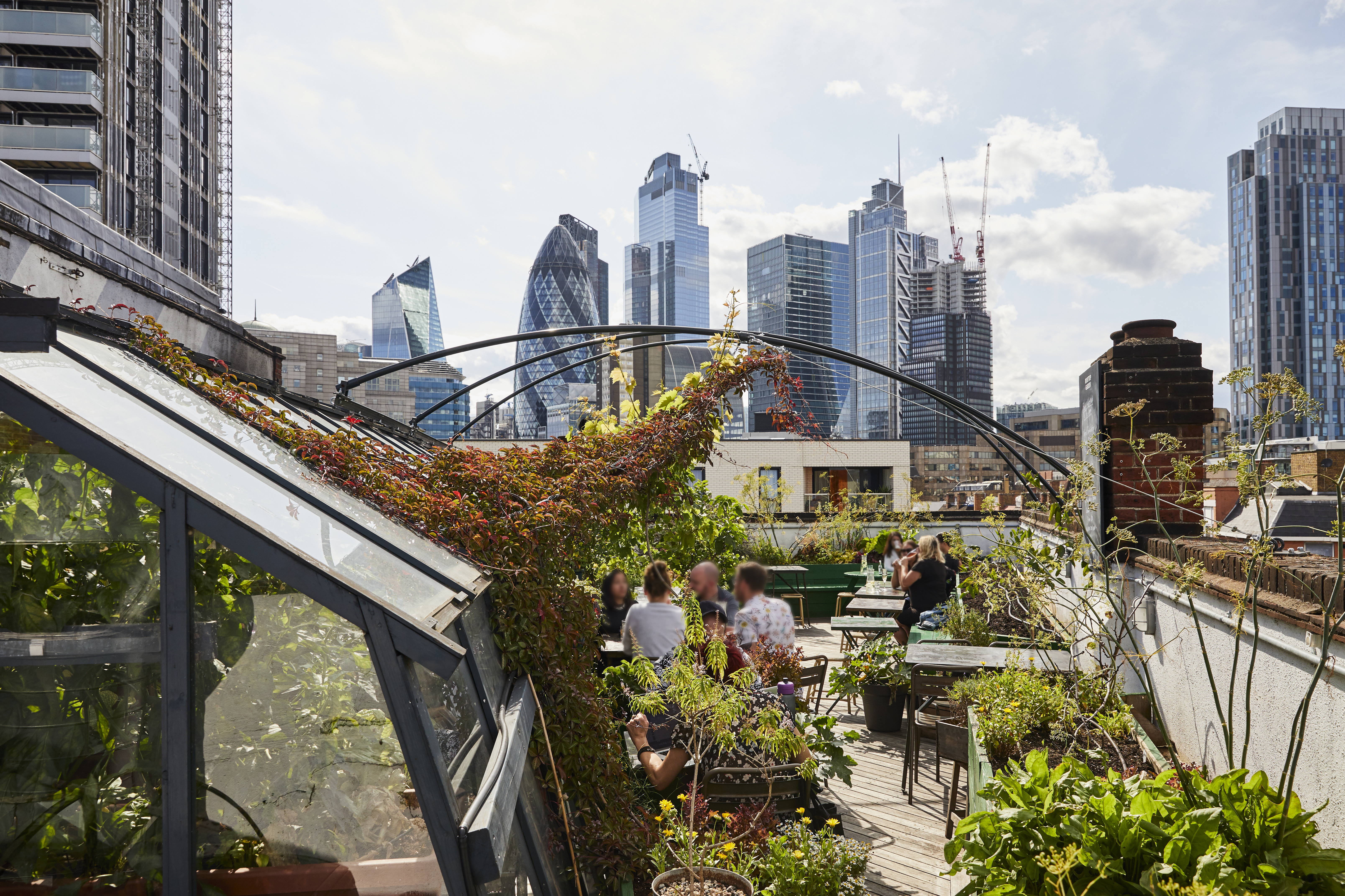 People sitting on a roof terrace with the city skyline behind them.