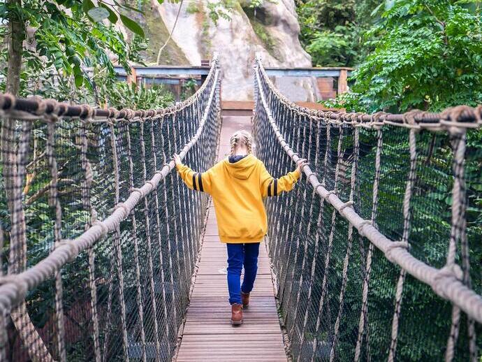 Mädchen, das über eine Brücke im Eden Project geht