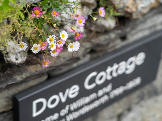 Gros plan sur des fleurs au-dessus d'un panneau indiquant Dove Cottage