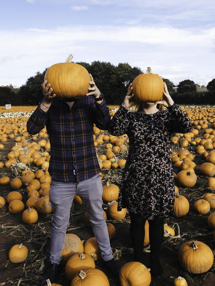 Two people stand in a pumpkin patch, each holding a pumpkin over their head, surrounded by pumpkins and an open field.