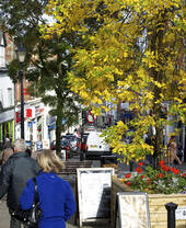People walking down a hilly shopping street in a small town.