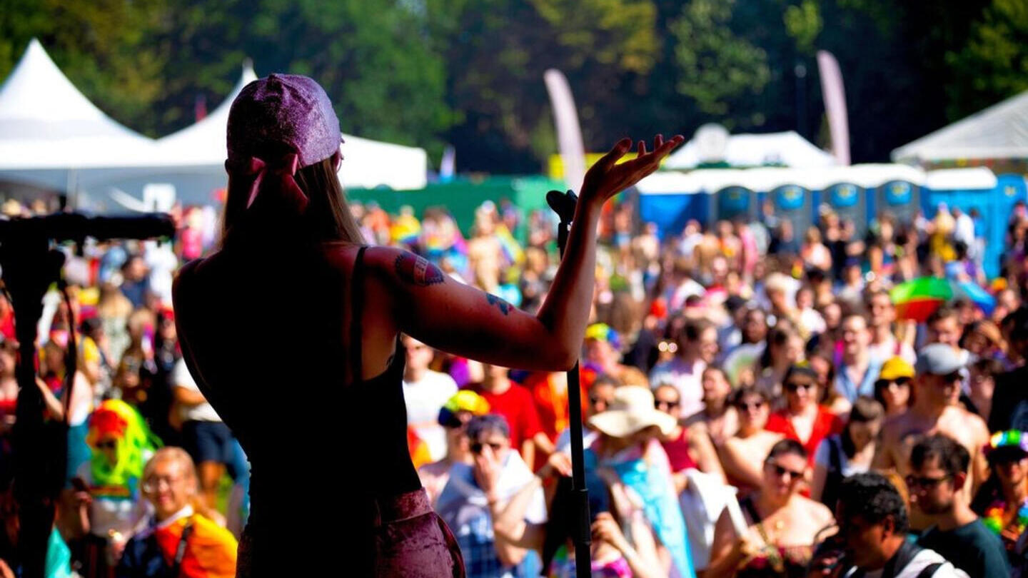 Rear view of performer on stage, with crowd in front of stage