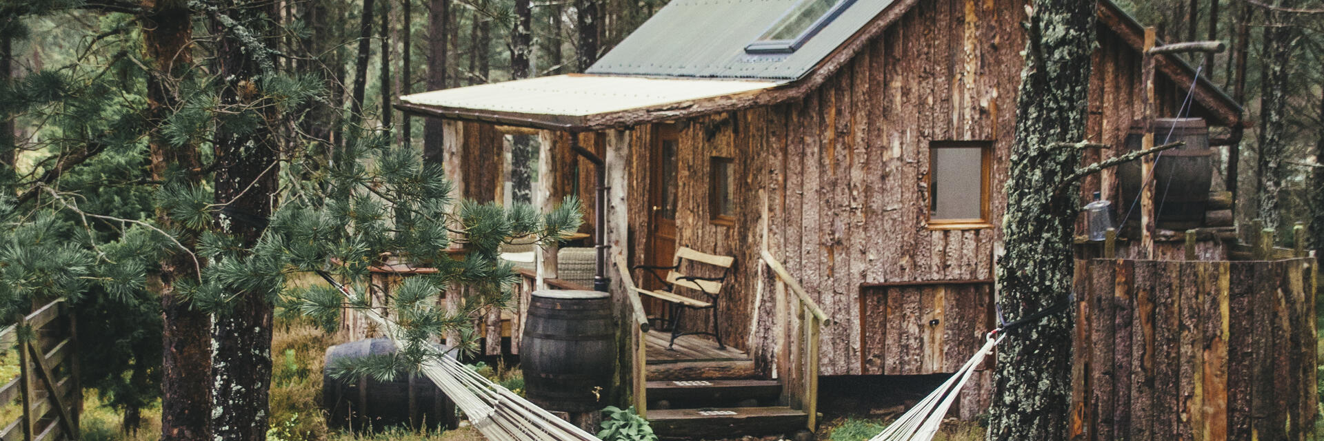 Homme se relaxant dans un hamac à l'extérieur d'une cabane en bois dans une forêt