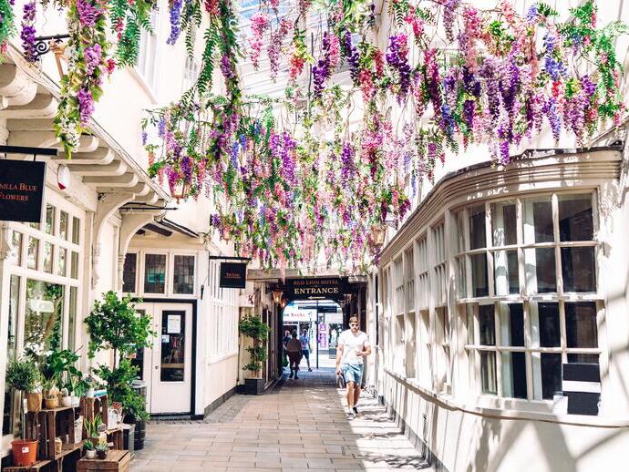 Man walking through arch covered in flowers at Lion Walk, Colchester