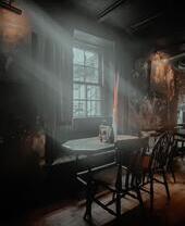 Atmospheric view inside old Drovers Inn Hotel dining area