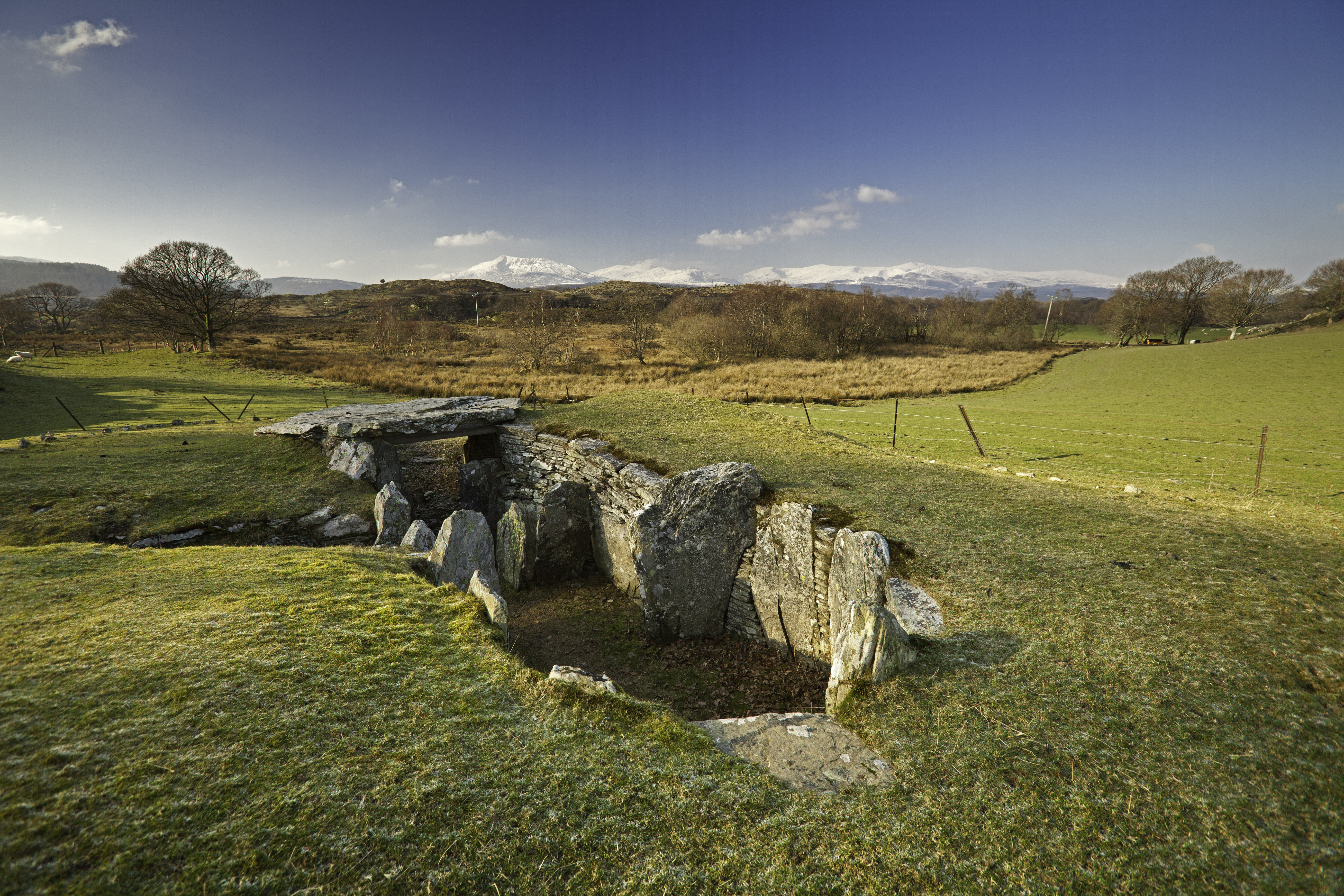 An overhead view of the Capel Garmon Burial Chamber in Snowdonia/Eryri National Park, Wales