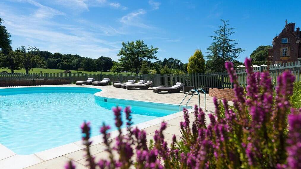 Swimmingpool, umgeben von einem Garten an einem sonnigen Tag