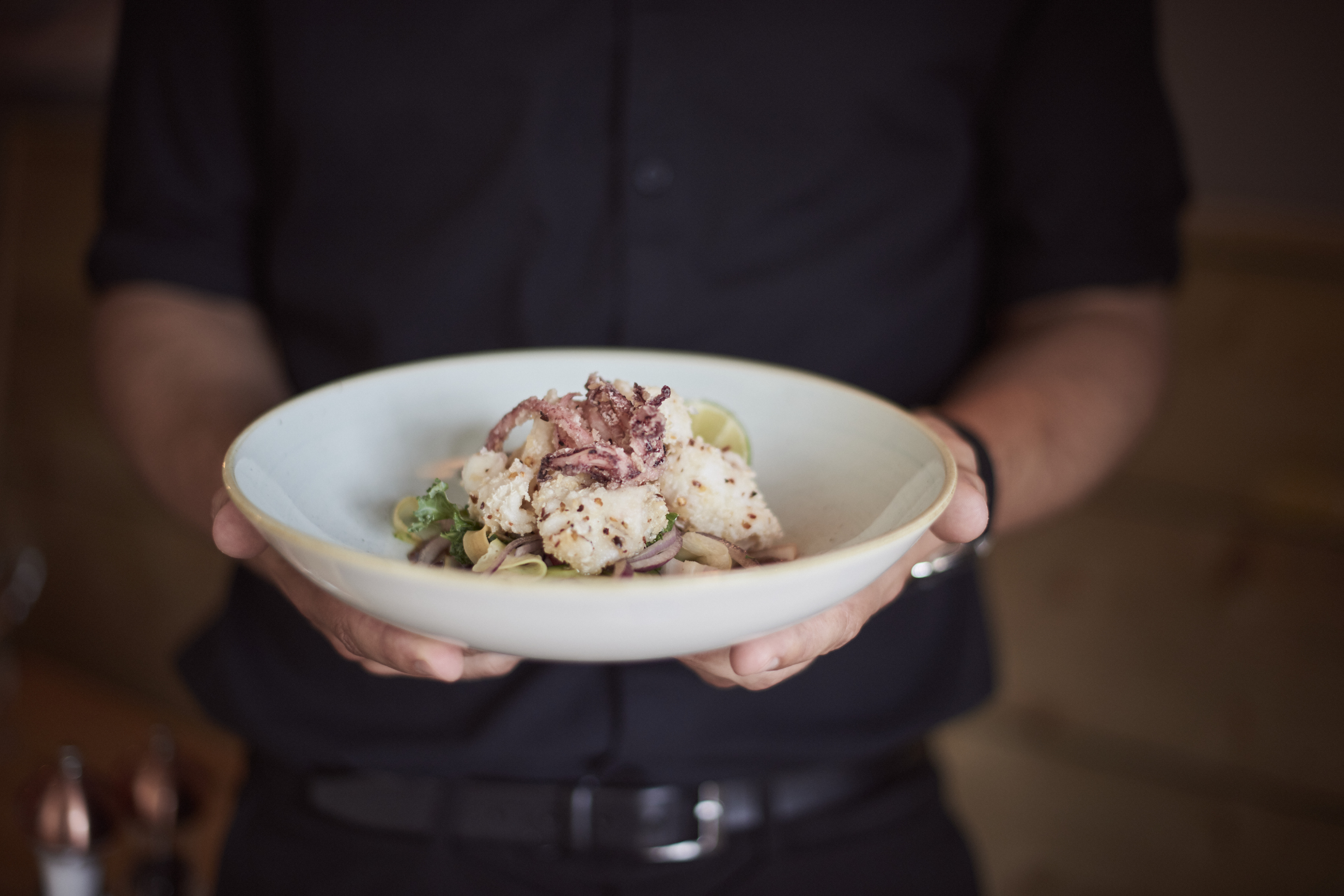 Close up of person holding plate with of food.