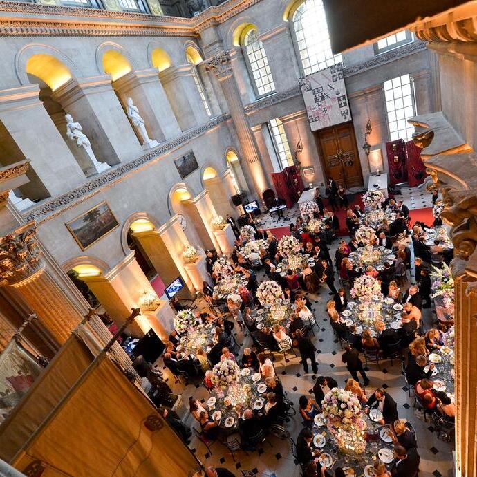 High angle view of people dining inside an historic palace