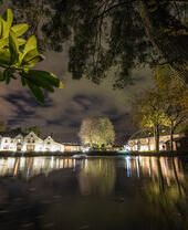 A nighttime exterior shot of Moor Hall in Lancashire