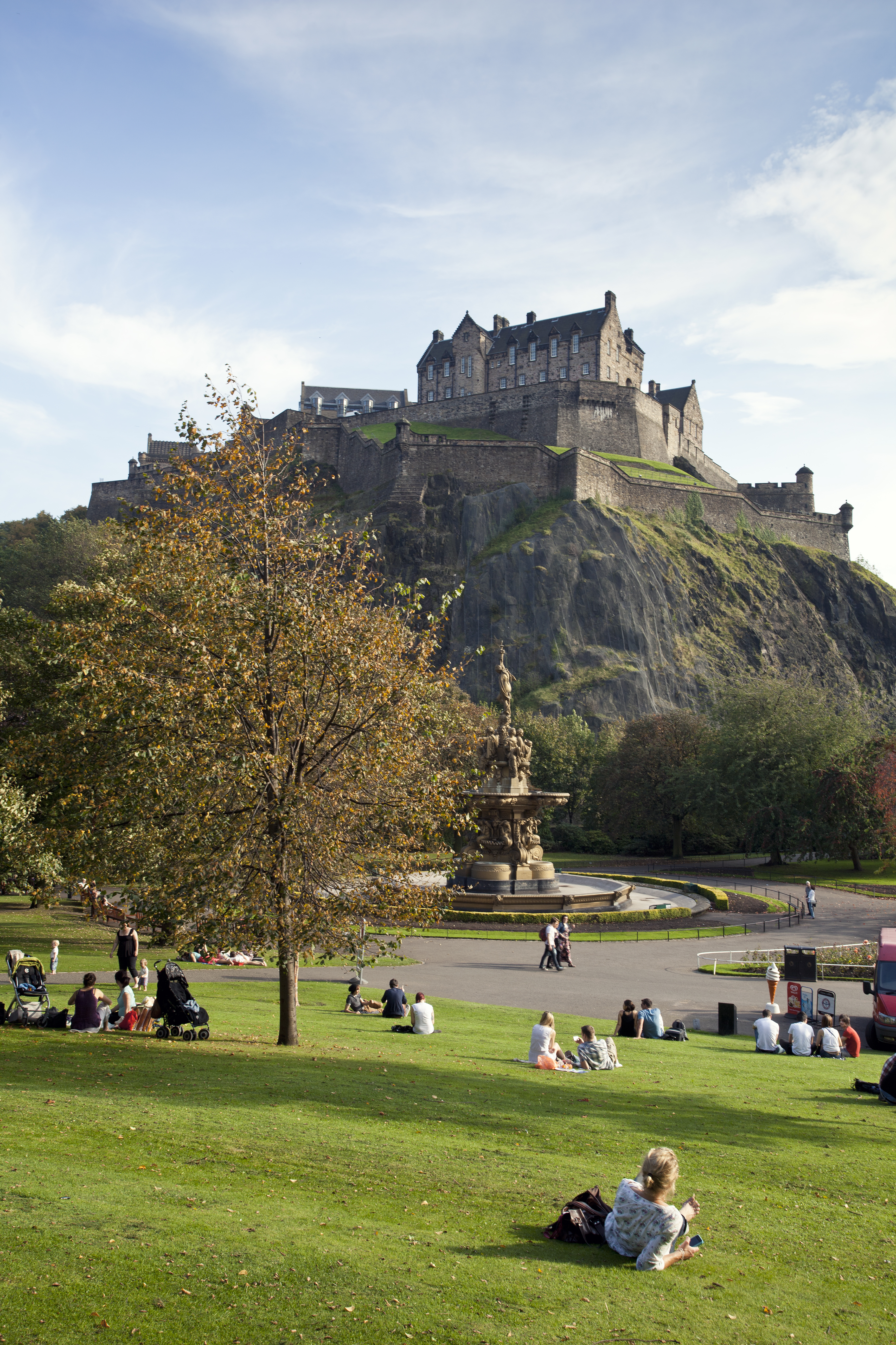 Family with children in gardens with a view up to a castle