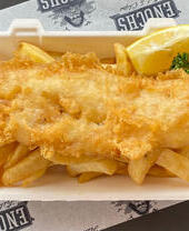 Fish and chips being served at Enochs Fish & Chips in Snowdonia/Eryri National Park