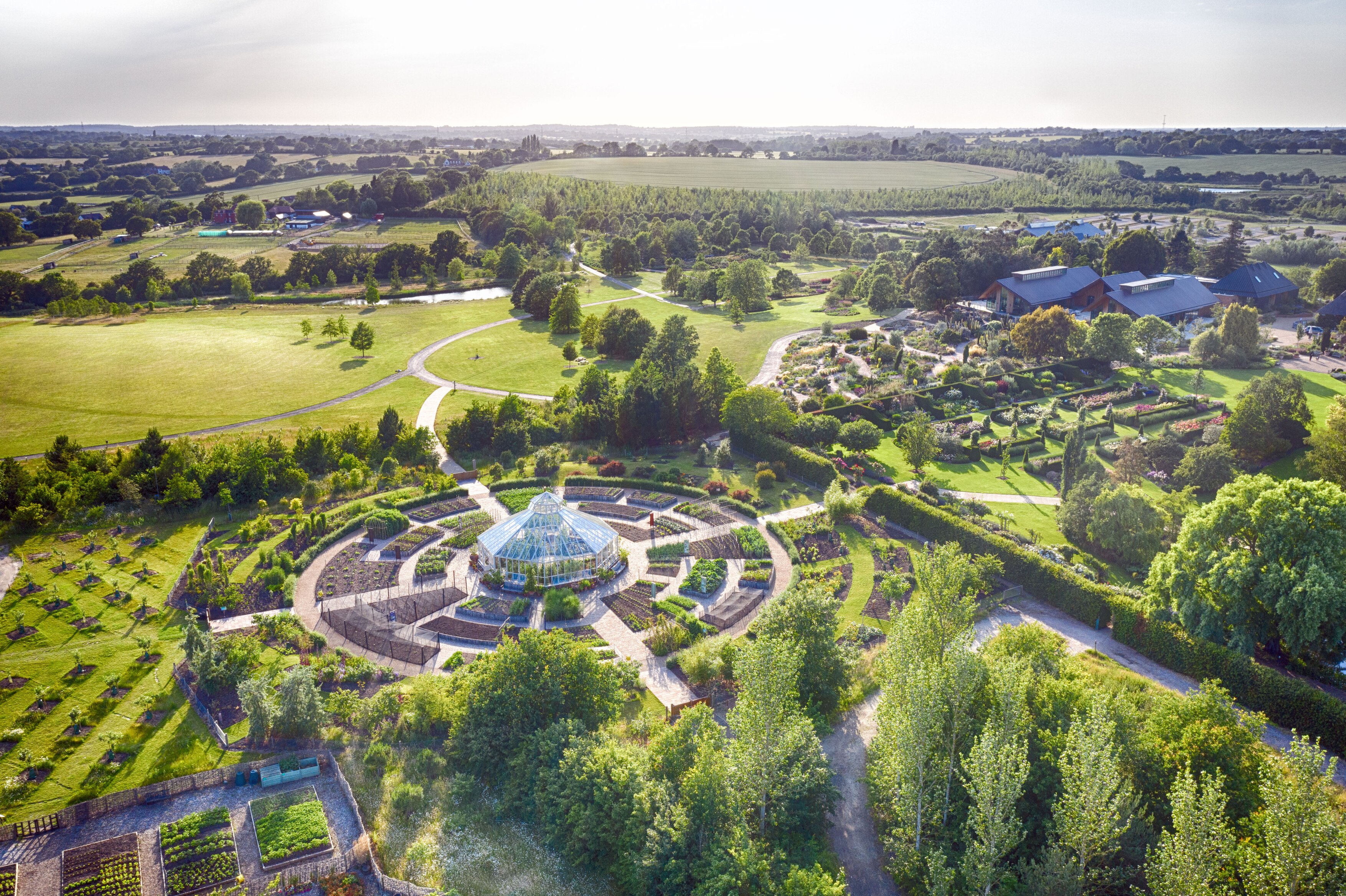 Aerial view of gardens in the summer