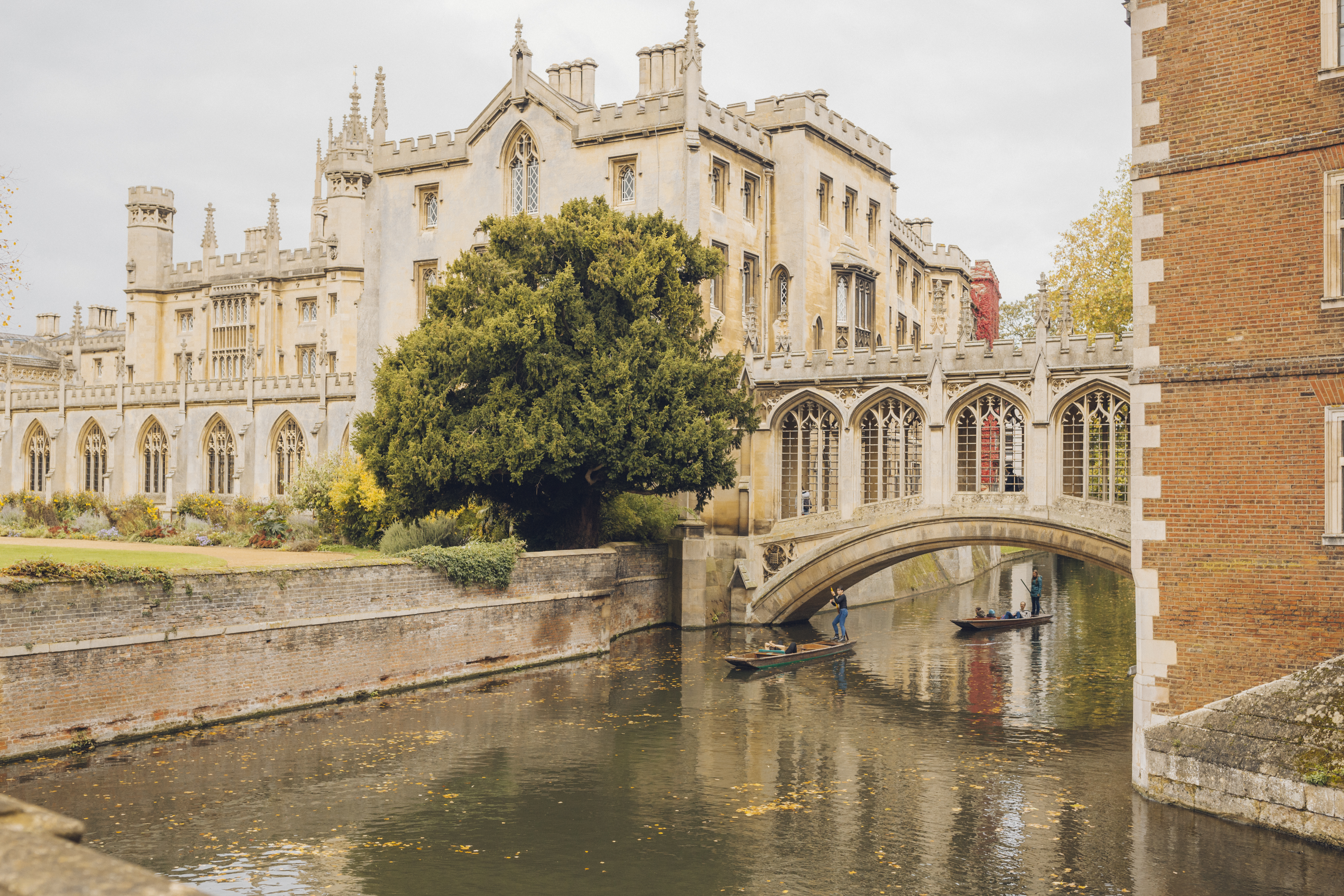 Menschen, die unter einer Brücke vor einem historischen Gebäude auf dem Fluss rudern