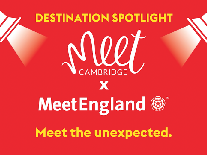 Red graphic promoting Meet Cambridge and MeetEngland collaboration, with spotlights and the slogan 'Meet the unexpected.' No buildings or scenery present.