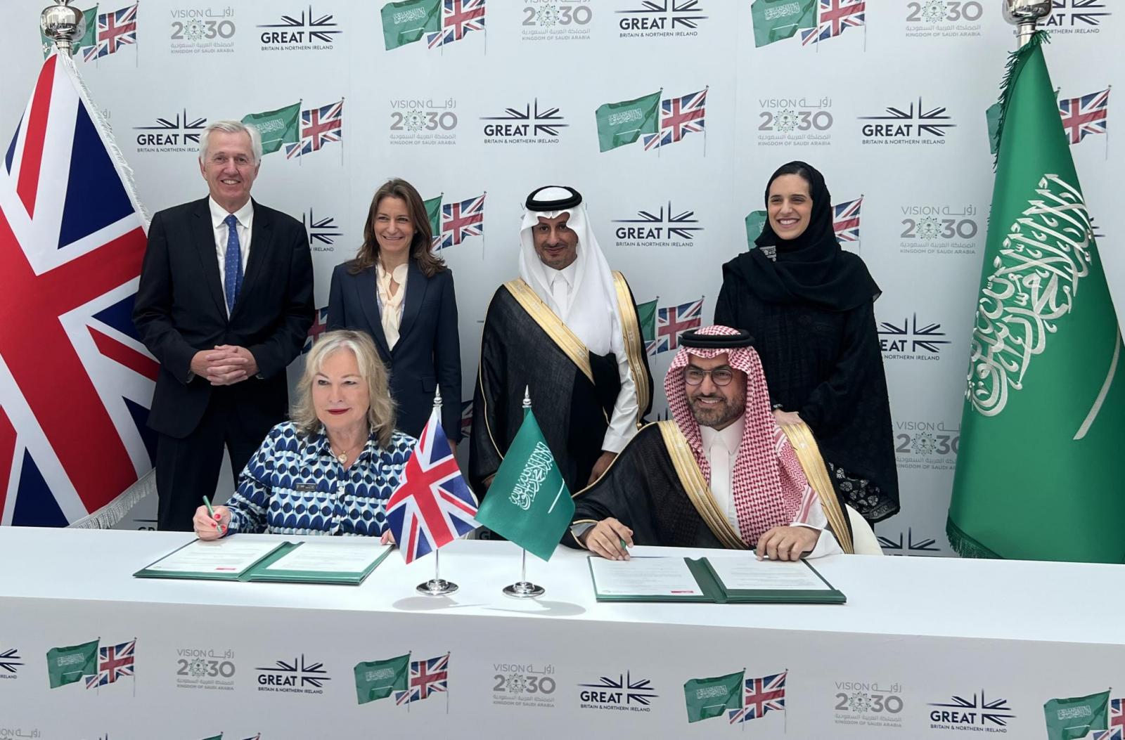 VisitBritain Chairman Nick de Bois; UK Culture Secretary Lucy Frazer MP His Excellency The Minister of Tourism Ahmed Al-Khateeb; Her Highness Vice Minister of Tourism Princess Haifa Al Saud attend the signing of a Declaration of Intent between VisitBritain and the Saudi Tourism Authority at GREAT Futures.
