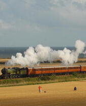 Un tren de vapor pasando por los campos de la costa