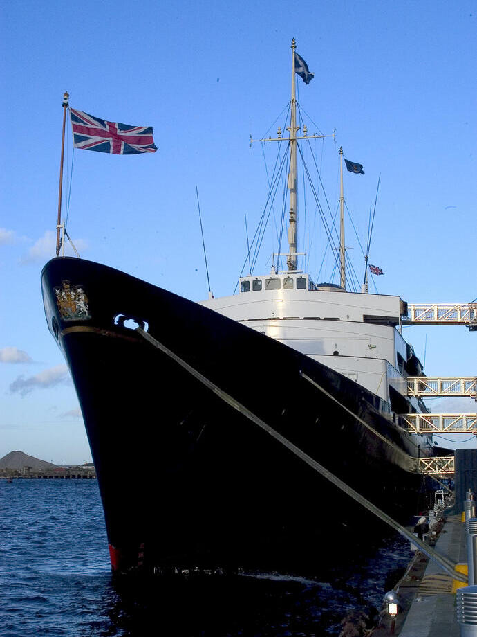 Exterior of a royal yacht with a British flag