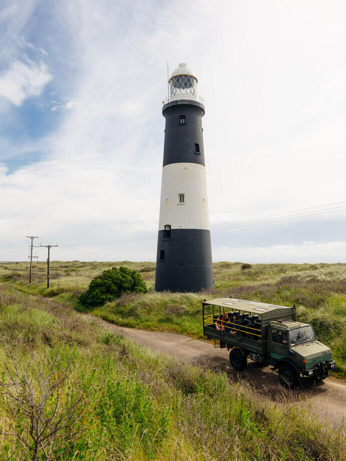 People on a unique unimog tour with a lighthouse in the background. 