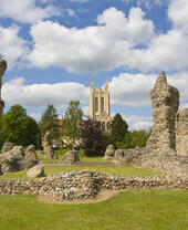 Ruinen einer Abtei mit einer Kathedrale im Hintergrund, blauer Himmel mit Wolken und Wiese ringsum.