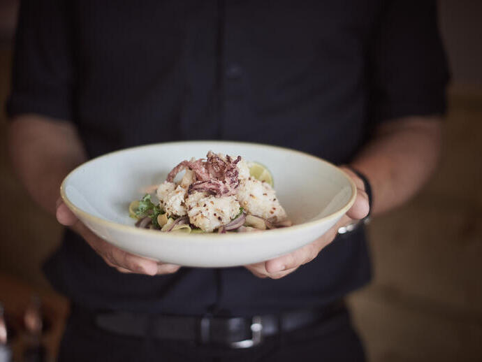 Close up of person holding plate with of food.