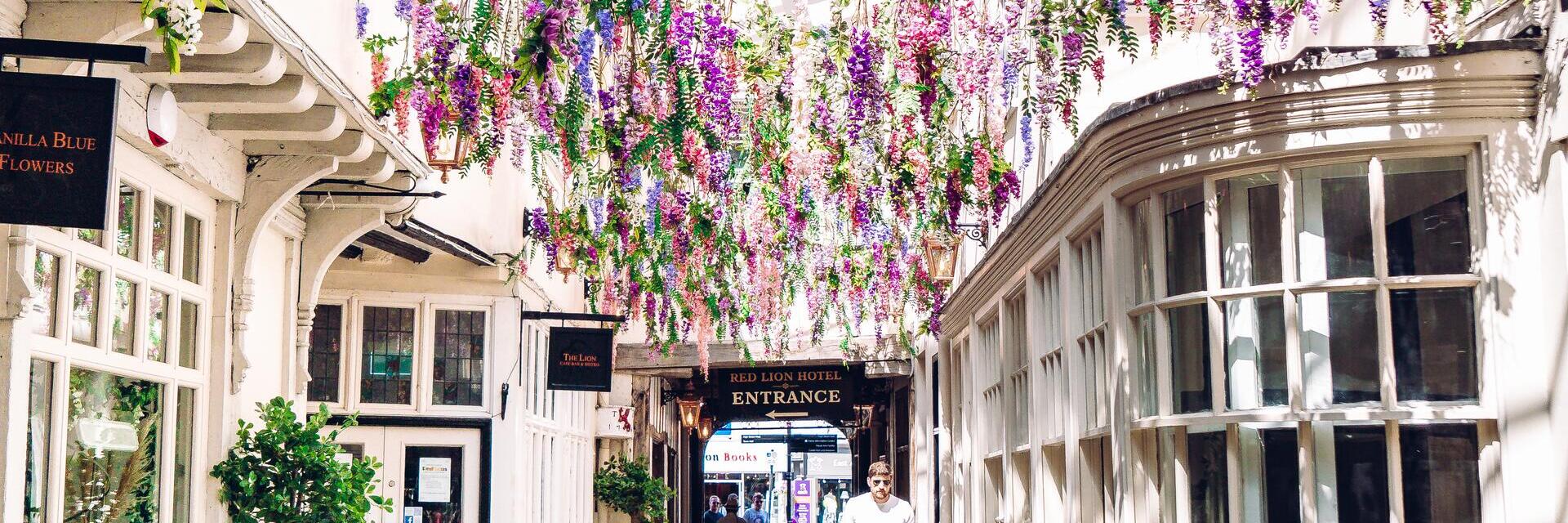 Hombre caminando por un arco cubierto de flores en Lion Walk, Colchester