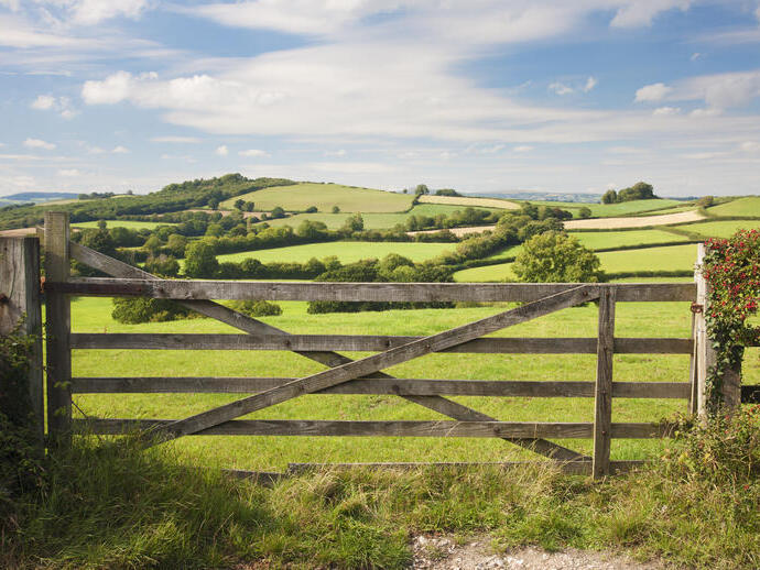 A wooden gate at the entrance of a field looking over to the rolling hills of the countryside
