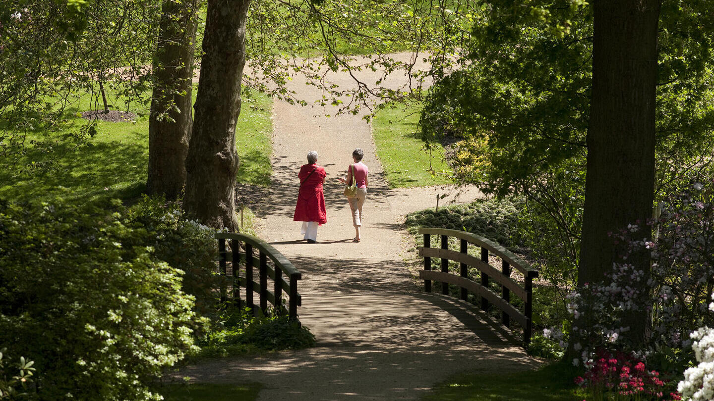 Zwei Frauen spazieren durch den Savill Garden in Windsor