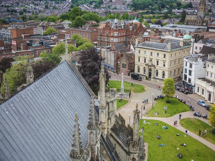 View of main cathedral and busy city town square
