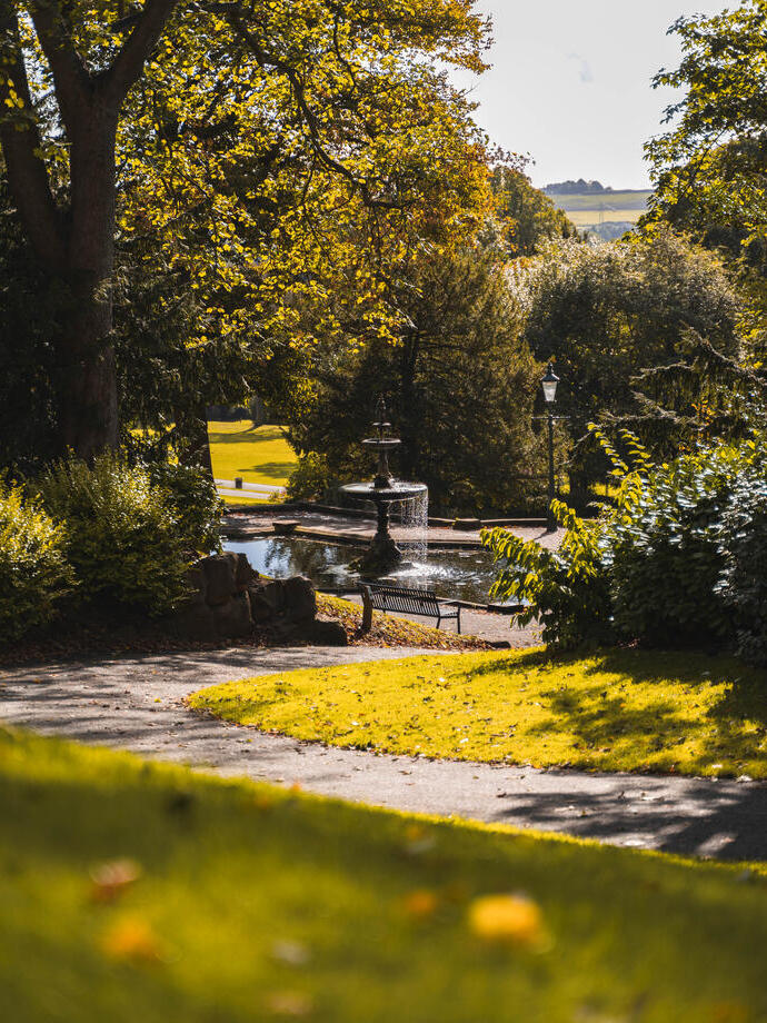 A fountain surrounded by trees in Lincoln Arboretum