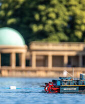A model boat sailing on Eaton Park Boating Lake