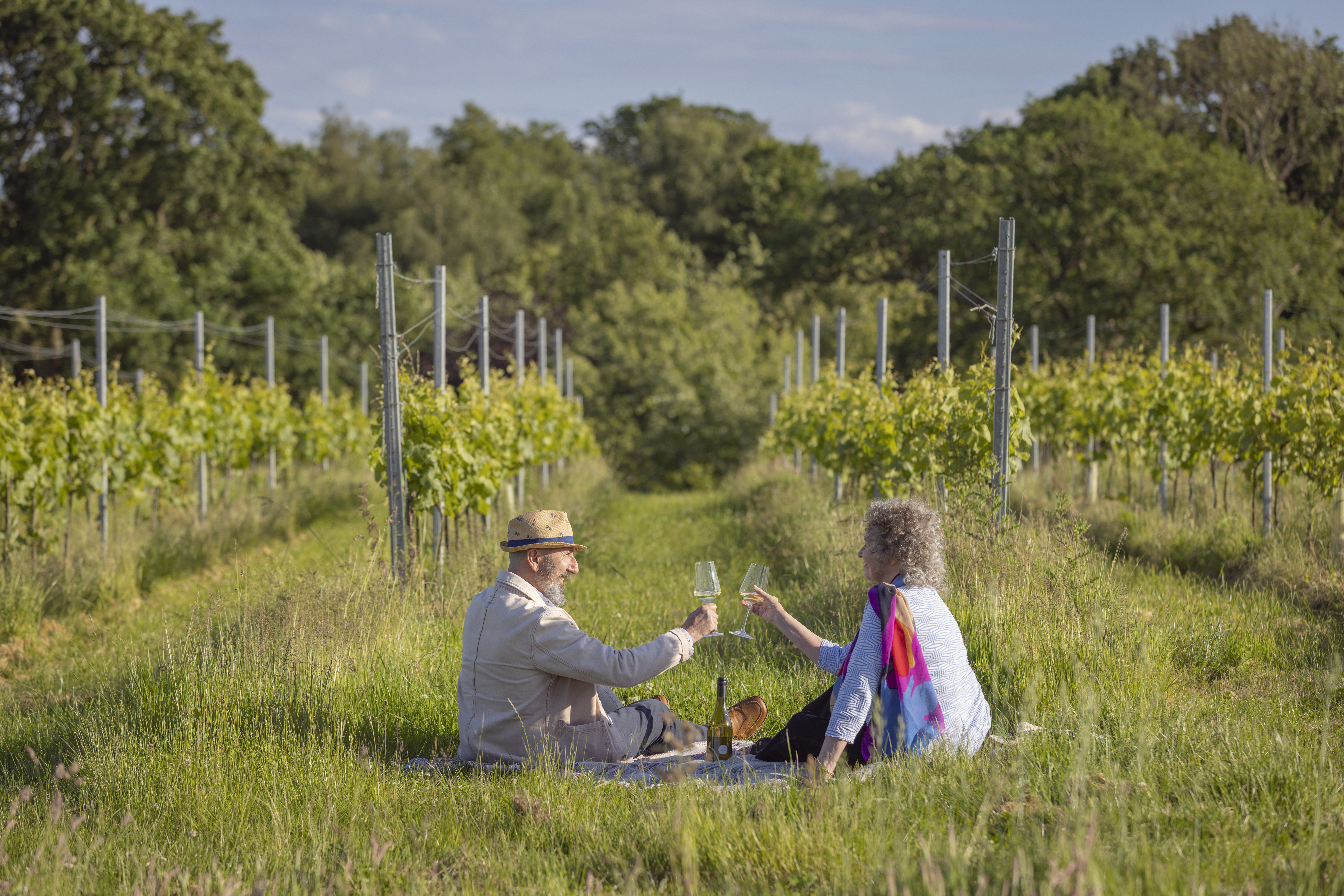 Een man en een vrouw heffen het glas in een wijngaard