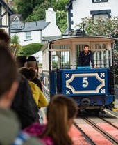 A line of people at a station queuing for a blue tram.