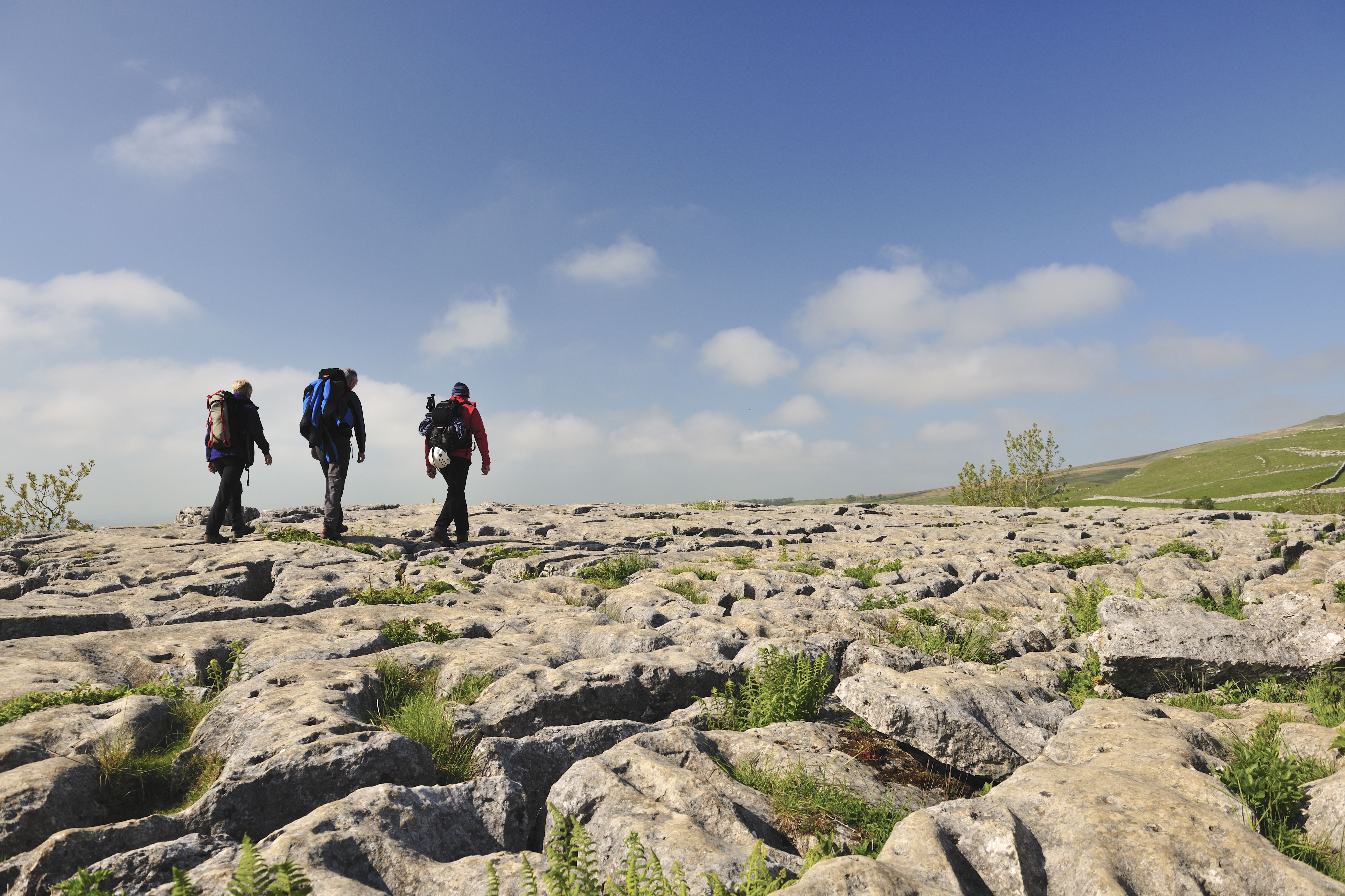 People walking on the limestone rocks above the cliffs
