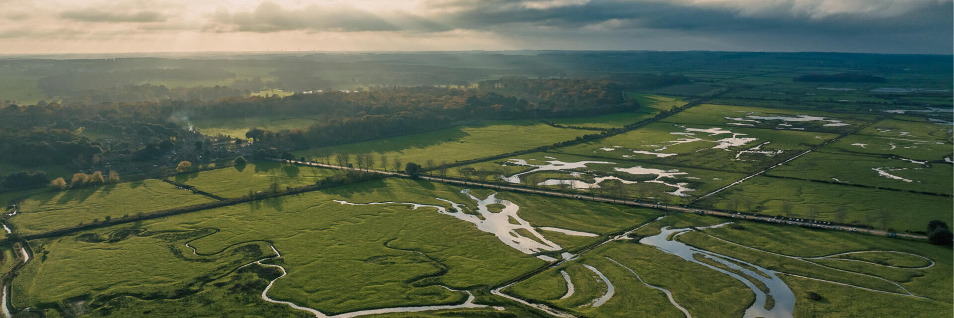 An overhead view of various canals making up part of the Broads National Park