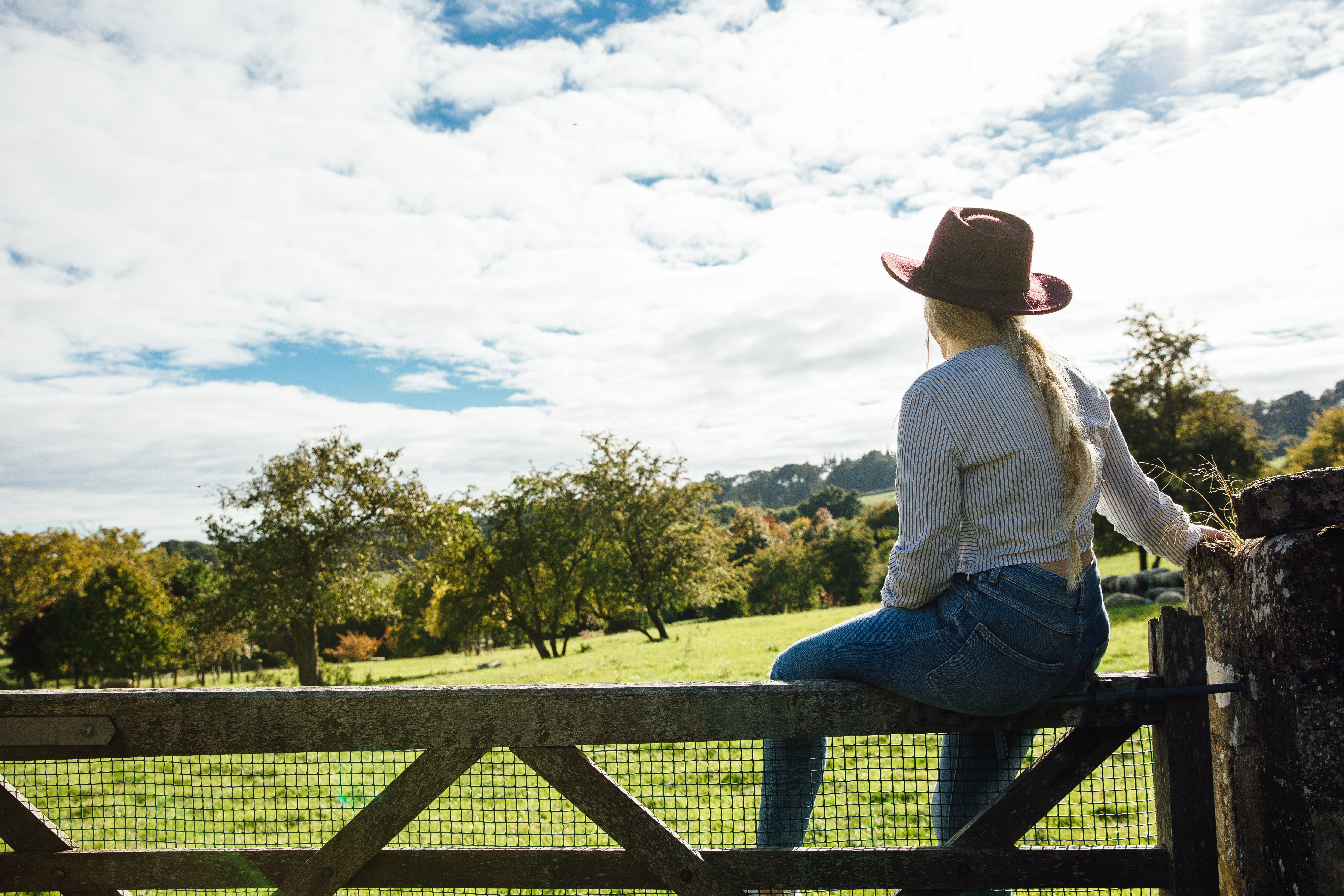 Woman sitting on a wooden gate looking across a field