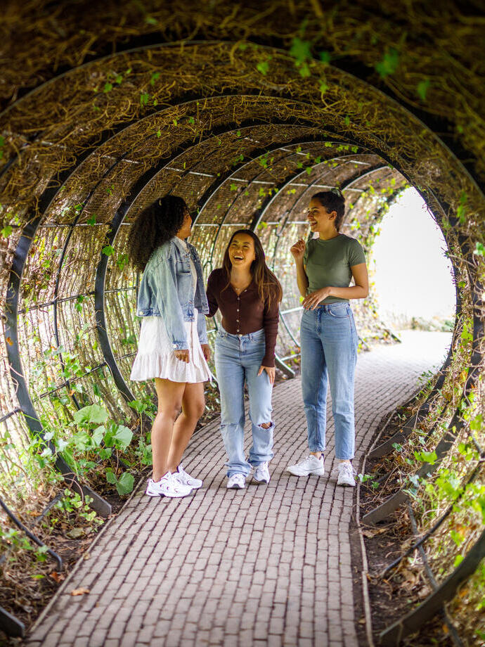 Tres mujeres dentro de un túnel de plantas en un jardín