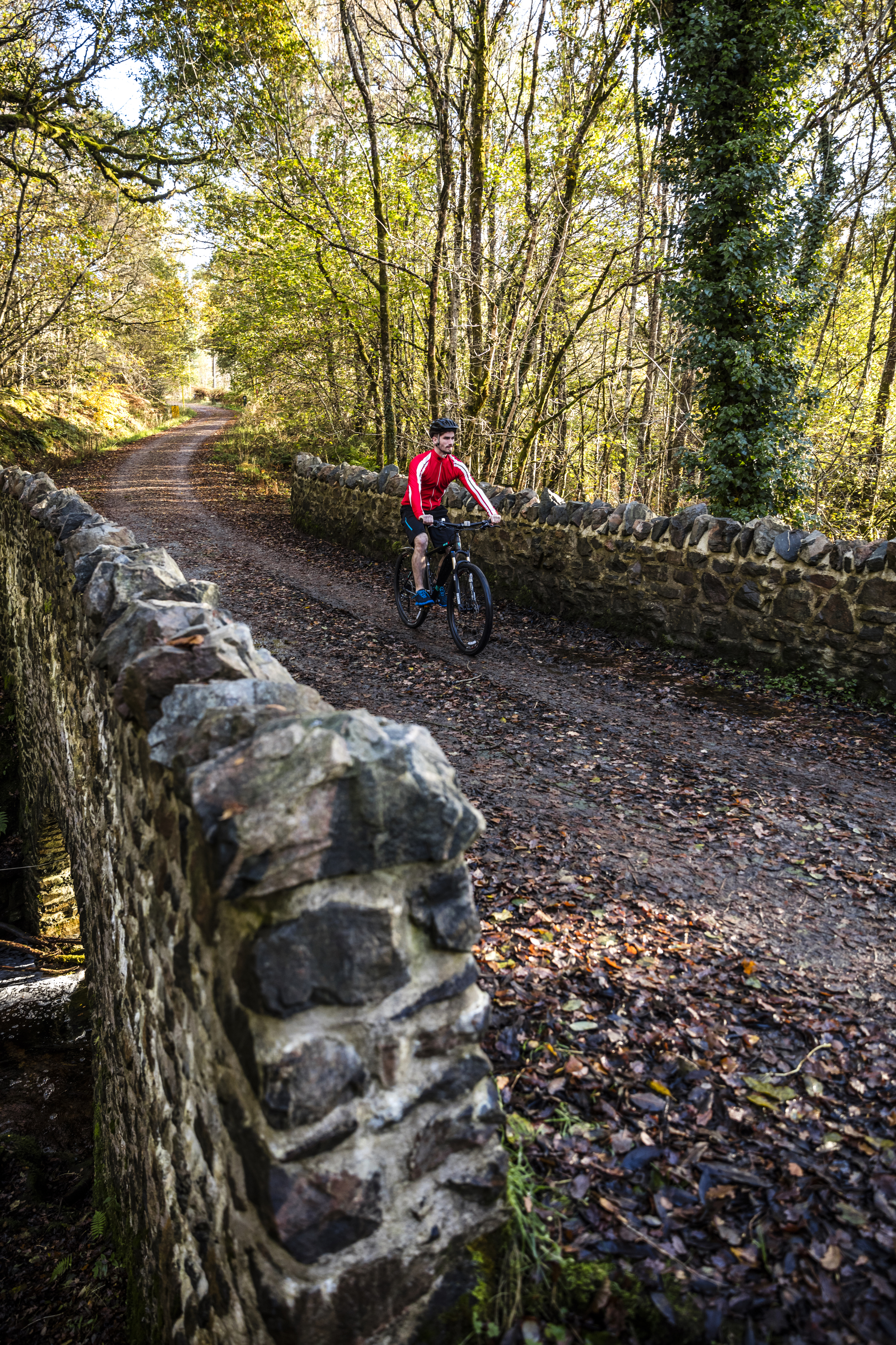 Cyclist in red vest riding on a road over a stone bridge