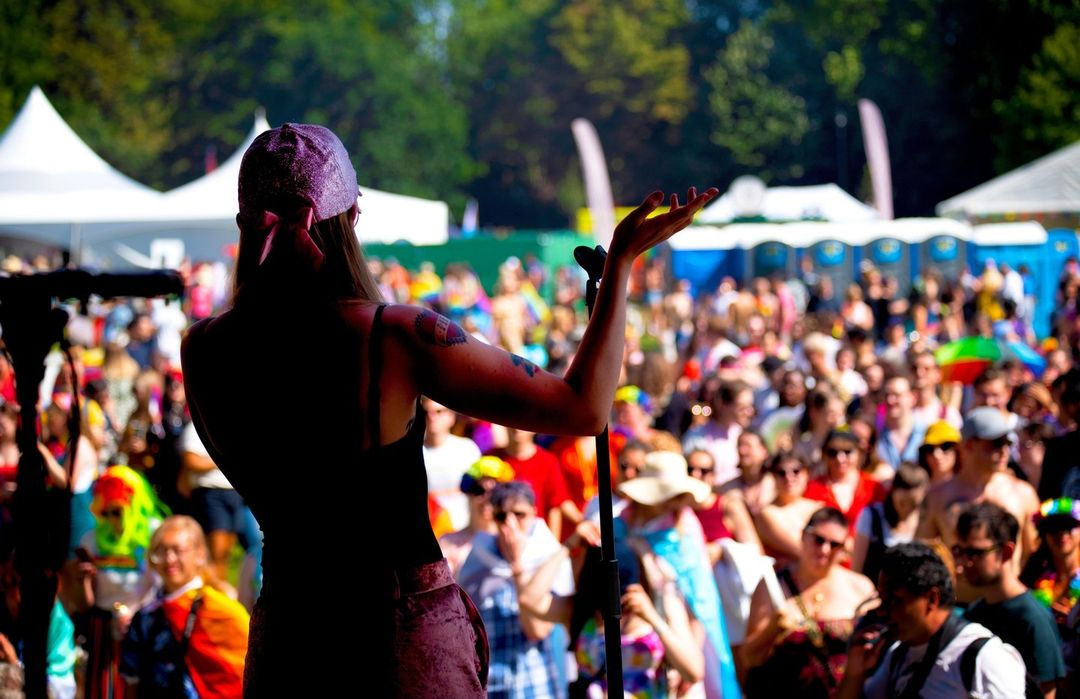 Rear view of performer on stage, with crowd in front of stage